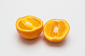 Two halves of an orange on a white background