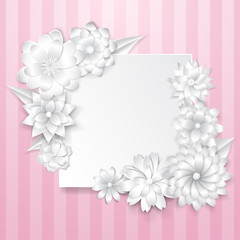 Greeting card template with beautiful volume paper flowers with soft shadows on striped background in pink colors
