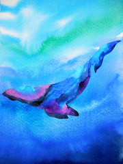 Naklejka premium big whale diving swimming in deep blue ocean sea watercolor painting illustration design hand drawn