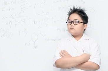Smart asian scientist boy on whiteborad