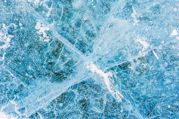 Blue ice on the frozen lake.