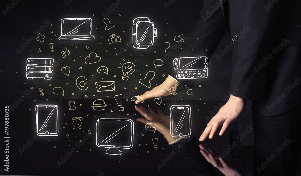 Poster man pressing table tablet hand touch interface with media icons and symbols
