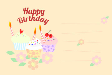 Illustration vector of birthday card. lovely cupcakes and flowers on pastel pink background.