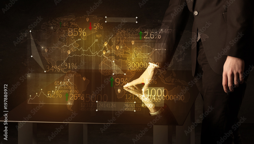 Aufkleber Hands navigate on high tech smart table with business icons and symbols