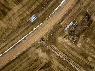 drone image. aerial view of rural area with fields in early spring