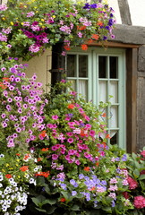 Fototapeta na wymiar Massifs de fleurs, fenêtre et balcon fleuris, ville de Francheville, Eure, Normandie, France