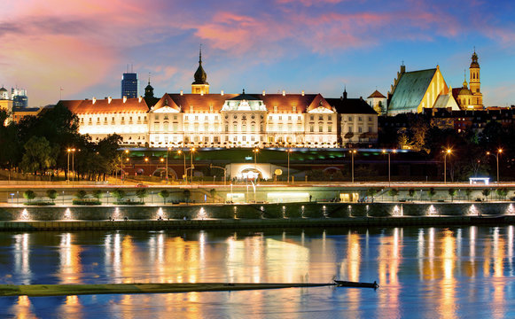 Vistula River waterfront and panorama of the Royal Castle in Warsaw, Poland.