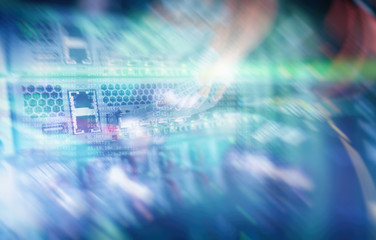 Fiber Optical connector interface. multiple exposure. Information Technology Computer Network, Telecommunication Fiber Optical Cables Connected. Data server. Futuristic concept server technologies