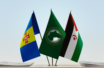 Flags of Madeira African Union and Sahrawi Arab Democratic Republic