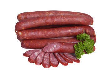 Smoked sausages decorated with sprig of parsley. Isolated on white background