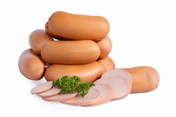 Thick sausages in natural shell. Appetizing meat product isolated on white background