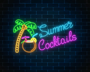 Neon summer cocktail bar sign on dark brick wall background. Glowing gas advertising with shake in coconut