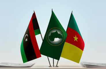 Flags of Libya African Union and Cameroon