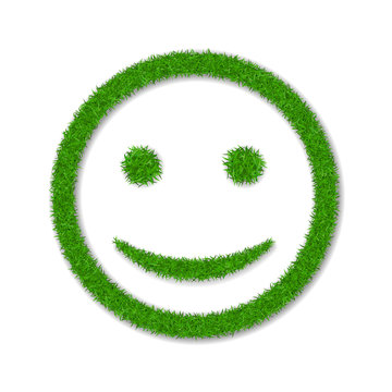 Green grass face smile. Smiley grassy icon, isolated white background. Ecology concept. Happy smiling sign. Symbol eco lawn, nature, safe environment, healthy, fresh spring. Vector illustration