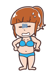 太って水着がパツパツになった女性のイラスト