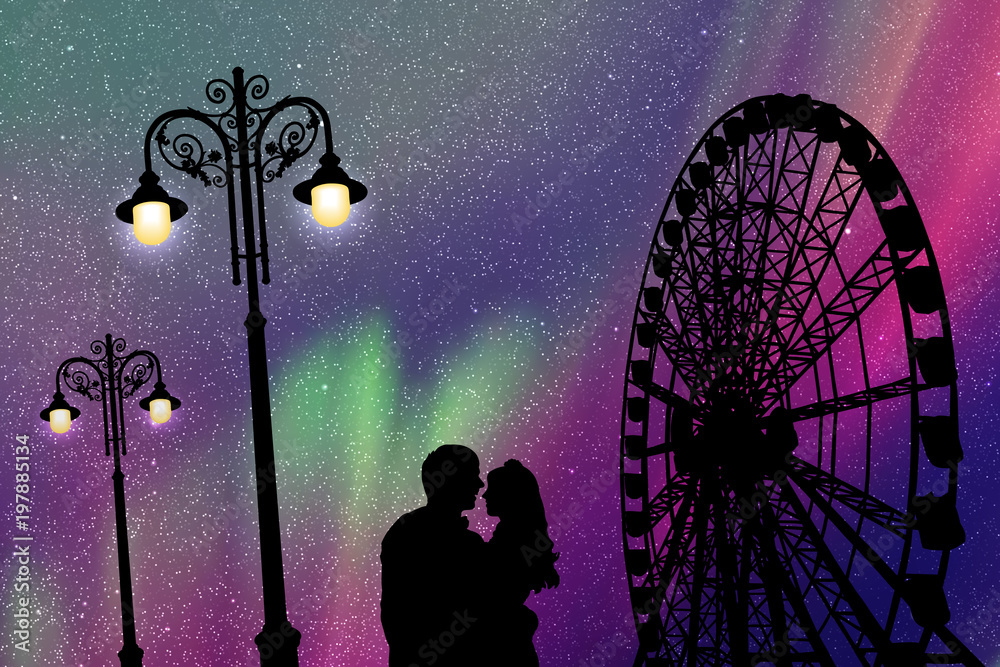 Sticker lovers in amusement park at night. vector illustration with silhouette of loving couple, vintage lam