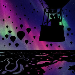 Lovers in balloon at night. Vector illustration with silhouette of loving couple. Landscape with hot air balloons. Northern lights in starry sky