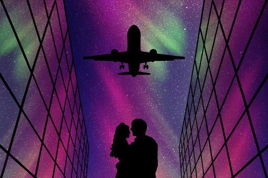 Lovers between glass buildings at night. Vector illustration with silhouette of loving couple. Northern lights in starry sky