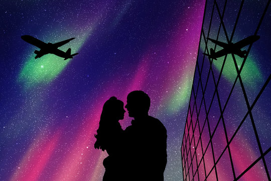 Lovers in Aeroport at night. Vector illustration with silhouette of loving couple and flying aircraft. Northern lights in starry sky.