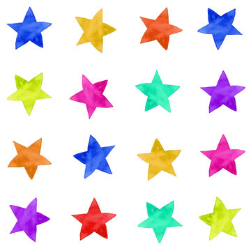 Isolated watercolor illustrated colorful stars pattern set