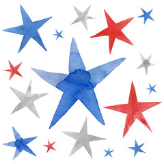 Watercolor illustration of white, blue and red stars set decoration circle frame for Independence day, July 4th holiday celebration	