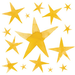Isolated watercolor illustration of yellow stars pattern set