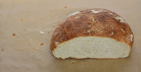 Closeup of a half a loaf of fresh home bread on parchment for baking , crumbs of fresh bread