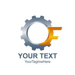 Initial letter F logo template colored grey orange gear design for business and company identity