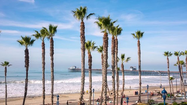 California Oceanside pier view over the ocean with palm trees and beach, travel destination
