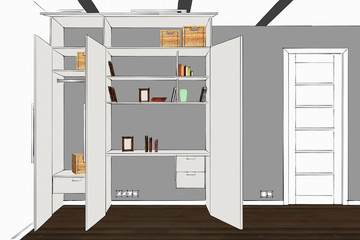 3D rendering. Wardrobe in the interior. Modern functional wardrobe with decorations and appliances. Home office with table. Table hidden in the closet. Open doors. Book, photo frame, box.