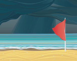 Warning sign of a red flag. Illustration of storm at sea. 