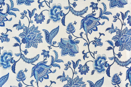 Blue Ornate Floral Pattern On White Cotton Tablecloth.