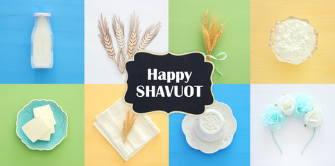 Top view collage image of dairy products. Symbols of jewish holiday - Shavuot.