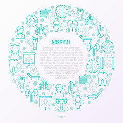Hospital concept in circle with thin line icons for doctor's notation: neurologist, gastroenterologist, manual therapy, ophtalmologist, cardiology, allergist, dermatologist. Vector illustration.