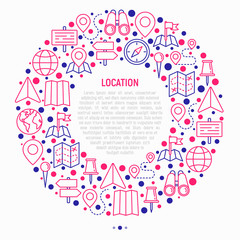 Location concept in circle with thin line icons: pin, pointer, direction, route, compass, wall needle, cursor, navigation, gps, binoculars. Modern vector illustration for banner, print media.