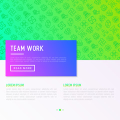 Teamwork concept with thin line icons: group of people, mutual assistance, meeting, handshake, tug-of-war, cooperation, puzzle, team spirit, cooperation. Vector illustration, web page template.
