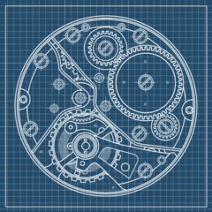 Mechanical watches plan with gears. Drawing of the internal device. It can be used as an example of harmonious interaction of complex systems, technical, engineering and scientific research, high-tech