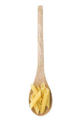 pasta on wooden spoon, isolated on white background, clipping path