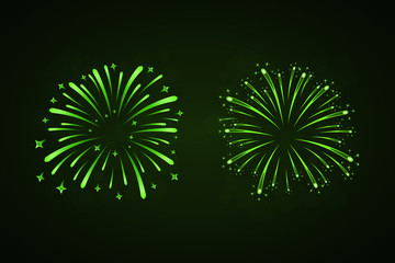 Beautiful green fireworks set. Bright fireworks isolated black background. Light green decoration fireworks for Christmas, New Year celebration, holiday festival, birthday card. Vector illustration