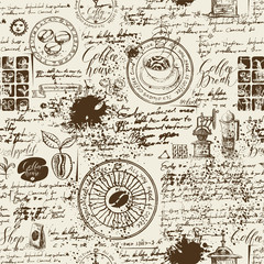 Vektornahtloses Muster zum Thema Kaffee mit verschiedenen Kaffeesymbolen, Flecken und Inschriften auf einem Hintergrund des alten Manuskripts im Retrostil. Kann als Tapete oder Geschenkpapier verwendet werden