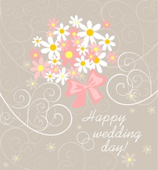 Wedding pastel card with pink and white daisy bouquet