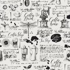 Papier Peint photo Café Modèle sans couture de vecteur sur le thème du thé et du café dans un style rétro. Divers symboles de café, libellule, taches et inscriptions sur fond de vieux manuscrit. Peut être utilisé comme papier peint ou papier d& 39 emballage
