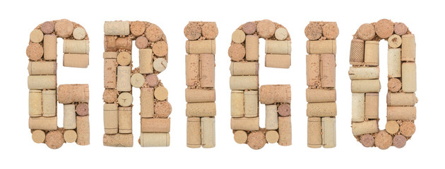 Word Grey in italian Grigio made of wine corks isolated on white