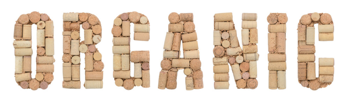 Word Organic Made Of Wine Corks Isolated On White Background