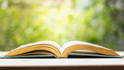 The book was opened on a wooden table with a blurry background.