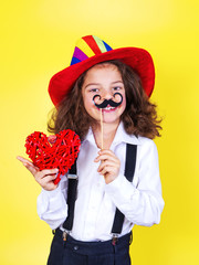 boy with a mustache and a heart in his hands, April Fool's Day. valentine's day, March 8, International Women's Day, Mother's Day, April 1