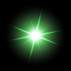 Shining star on black background, green color
