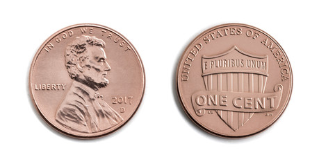 american one cent, USA 1 c, bronze coin isolate on white background. Abraham Lincoln on copper coin realistic photo image - both sides