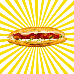 Hotdog with sausage and ketchup on a bright background with yellow rays
