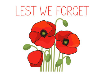 Lest we forget. Poppies on white background. Vector illustration.